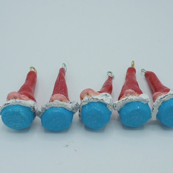 Red & Aqua Gnome Ornaments Christmas Pendant Handmade Original Folkart Set of 5 - Picture 8 of 8